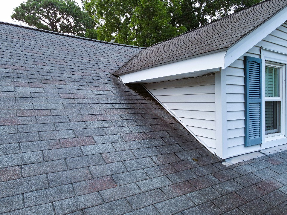 Aerial roof inspection photography showing residential roof conditions in Hampton, VA